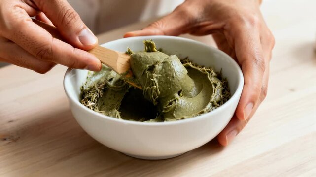 Hands mixing green herbal paste in a white bowl with a wooden spoon. Preparing natural henna hair dye or clay face mask. Organic beauty concept