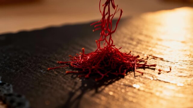 Red saffron threads falling onto a dark stone surface in slow motion. Close-up of expensive dried spice pouring into a pile. Luxury culinary ingredient concept
