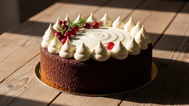 Delicious homemade chocolate cake adorned with festive cranberries and fresh rosemary sprigs, perfect for holiday celebrations
