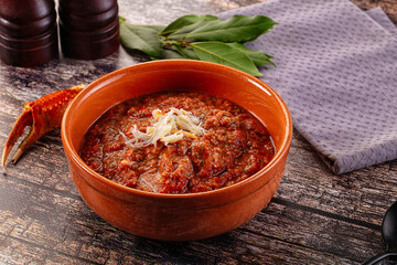 Tomato gazpacho soup with crab
