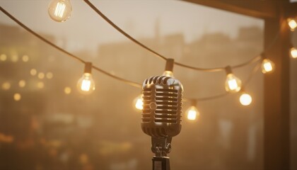 A vintage style microphone positioned before warm decorative string lights creating an atmospheric setting that evokes intimate performances artistic expression and nostalgic musical ambiance
