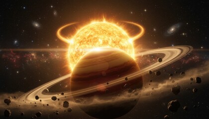Majestic cosmic scene of large ringed planet aligned with bright sun surrounded by galaxies illustrating astronomical wonder and space exploration concept