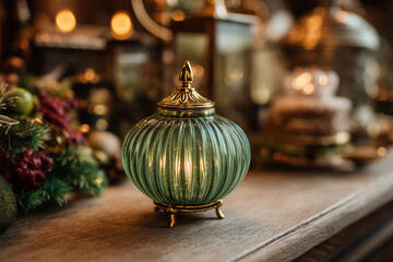Elegancka, świąteczna dekoracja. Szklany, żłobiony słoiczek w kolorze zieleni z złotym wieczkiem i podstawą, oświetlony od środka, leży na drewnianej powierzchni.
