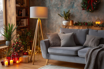 Przytulny, świąteczny salon w szarościach. Nowoczesna sofa z poduszkami, ozdobiona choinką, prezentami i lampą tr&oacute;jn&oacute;g w oświetleniu okna z miejskim widokiem.