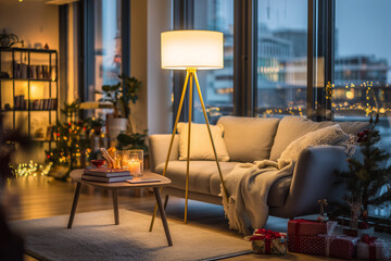 Elegancki, świąteczny detal. Szklany lampion w kolorze morskiej zieleni, ze żłobioną fakturą i złotymi elementami, otoczony dekoracjami i migoczącymi lampkami.