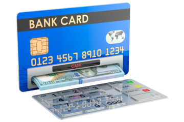 Credit card as ATM machine with dollars. Withdrawing dollar banknotes, transparent background