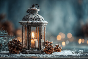 Ośnieżona, rustykalna latarnia ze świecą i szyszkami w zimowy wiecz&oacute;r. Ciepłe światło kontrastuje z chłodnym tłem z efektem bokeh.