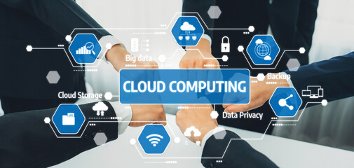This image illustrates collaborative cloud computing concepts with visual elements emphasizing data privacy, storage, and big data, set in a modern business context. Amity