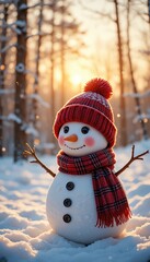 Cheerful Snowman Wearing Red Hat and Scarf in Snowy Forest