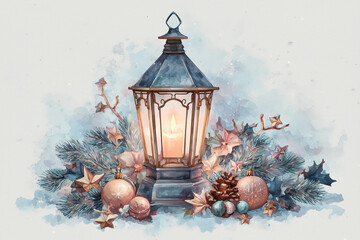 Akwelowa ilustracja przedstawiająca starą latarnię ze świecą, otoczoną gałązkami jodły, szyszkami i bombkami w chłodnych, zimowych kolorach.
