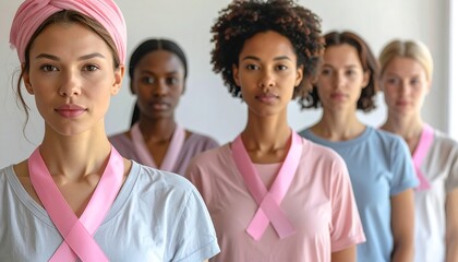 A group of women standing in solidarity, wearing pink ribbons for breast cancer awareness, against a bright backdrop