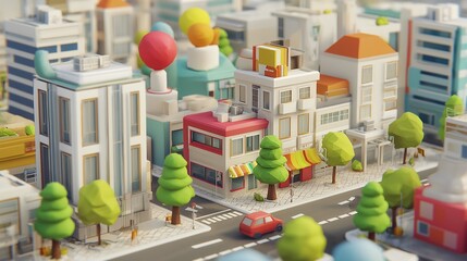 A low-poly city scene shows colorful buildings and clear skies. Trees line the streets next to cars moving along the road. People enjoy the lively atmosphere of this urban area