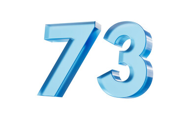 3d Glossy Blue number 73 with a smooth finish and reflective highlights. 3d illustration