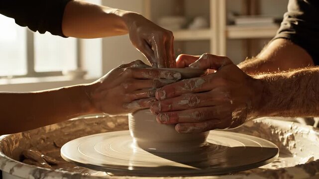 Close-up of couple hands making pottery on a spinning wheel. Man and woman shaping clay together in a sunny workshop. Romantic artisan craft concept