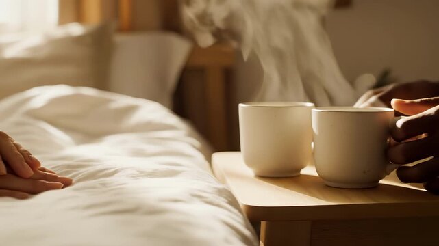 Close-up of diverse couple hands caressing in bed. Pan to steaming coffee mugs on bedside table. Intimate morning routine concept