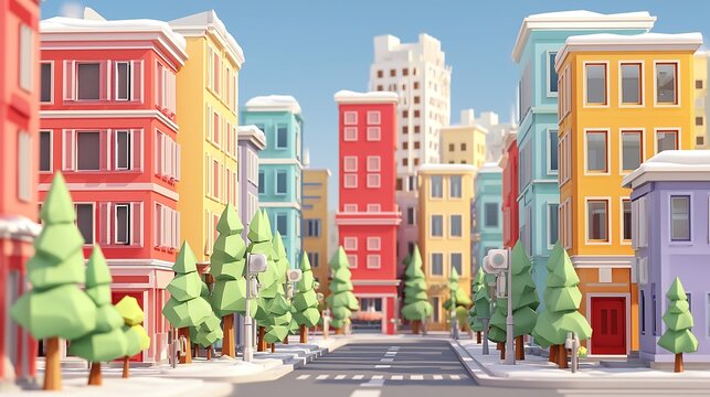 A low-poly city area with bright colored buildings and green trees. It is a sunny day, and the sky is clear. The street is empty and inviting