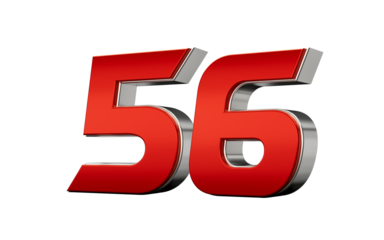 Metallic Red number 56 Fifty six with a glossy finish and reflective silver edges. 3d illustration