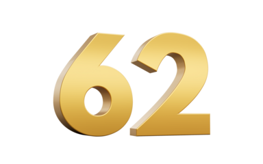 3D Golden number 62 Sixty two with a shiny metallic finish and sharp edges, 3d illustration