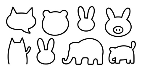 Cute Outline Animal Icons Cat, Bear, Rabbit, Pig, Elephant, and More