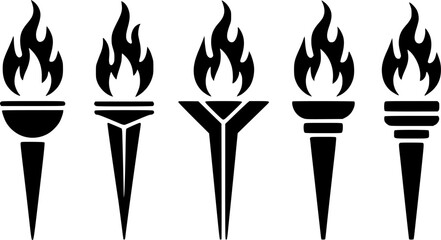 Five Black Silhouette Torches with Flames on White Background