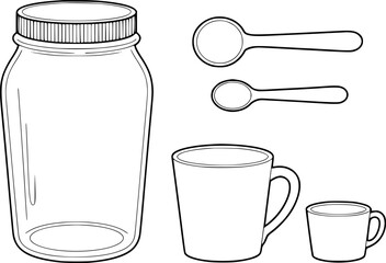 Line Art Illustration of Kitchenware Jar, Spoons, and Mugs