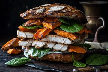 Rustic sandwich with grilled chicken, roasted pumpkin, spinach leaves, and sauce on dark background. Concept: autumn food, homemade, comfort, flavor.