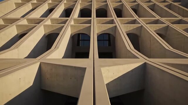 Architectural Marvel: Captivating Concrete Facade and Geometric Design at Dusk