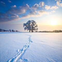 Winters Embrace - A Lone Tree Stands in a Snowy Landscape at Sunset.