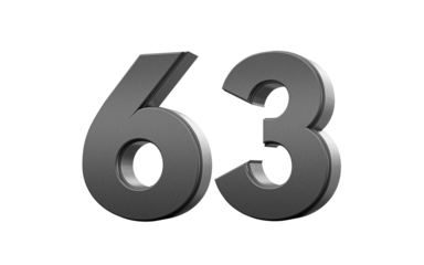 Sleek metallic Black number 63 Sixty three with a glossy surface. 3d illustration