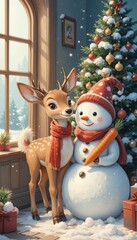 Cute fawn and snowman by a Christmas tree indoors deer