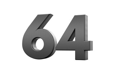 Sleek metallic Black number 64 Sixty four with a glossy surface. 3d illustration
