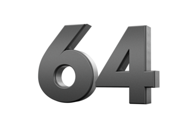 Sleek metallic Black number 64 Sixty four with a glossy surface. 3d illustration