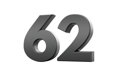 Sleek metallic Black number 62 Sixty two with a glossy surface. 3d illustration