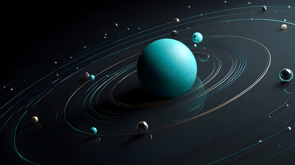 Abstract 3D Rendering of a Cyan Planet in Orbit