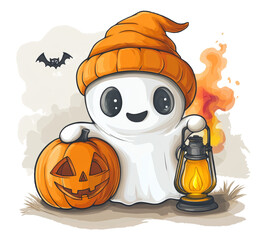 Illustration of a cute ghost made from a sheet with a lantern and a carved pumpkin on a white background