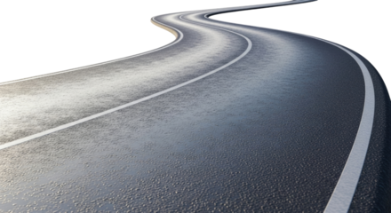 Curving asphalt road with white lines transparent background cutout png