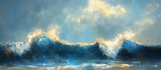 Ocean waves crashing under cloudy sky; coastal art