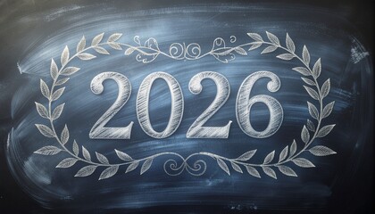 Elegant chalk drawing of the year 2026 framed by laurel wreaths on a dark chalkboard background