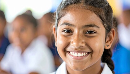 Smiling student in classroom wearing white shirt with blurred background of peers showcasing joyful learning and educational engagement