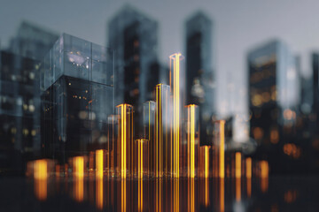 Golden data bars rising over futuristic city skyline, representing digital finance, growth, analytics, and innovation concept.
