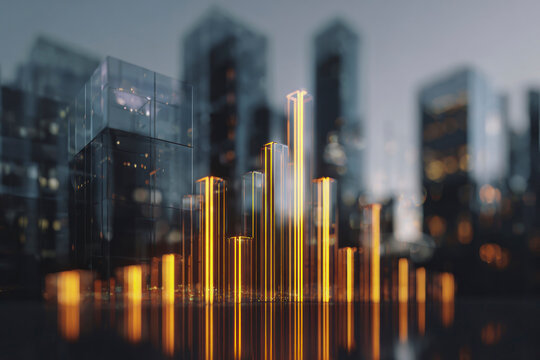Golden data bars rising over futuristic city skyline, representing digital finance, growth, analytics, and innovation concept. - Powered by Adobe
