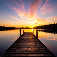 Obraz premium Wooden Dock at Sunset - A Serene Lakeside Landscape.