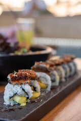 Unagi roll served on plate