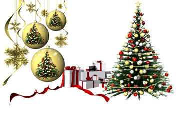 PNG, trasparente. Natale. Regali di Natale accanto a decorazioni natalizie. Albero e palle di Natale.