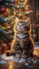 Fluffy Kitten Gazing Upwards by Decorated Christmas Tree