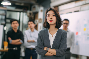 Asian female manager standing at corporate office with her leadership team and discussing business plan