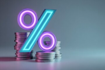 Futuristic neon glowing percent symbol in blue tones placed on coin stacks. Concept of digital economy, finance, interest, cryptocurrency, and investment.