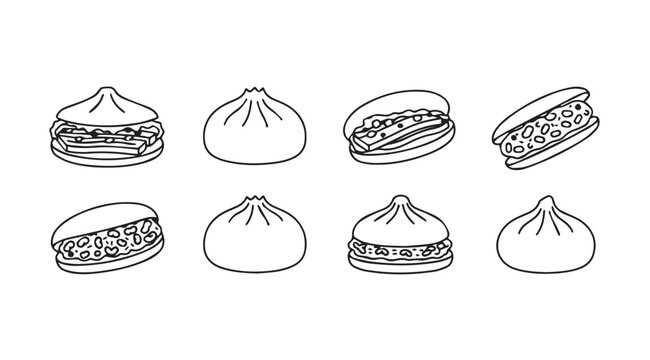 Hand drawn dumplings and buns collection set appetizing asian food icons in sketch style vector
