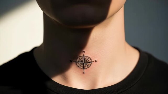 Young man showcasing neck tattoo compass design in natural light with slight head movements