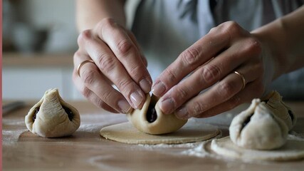 Close-up of hands making traditional sweet pastries. A baker puts poppy seed filling on dough and shapes a bun. Homemade baking concept